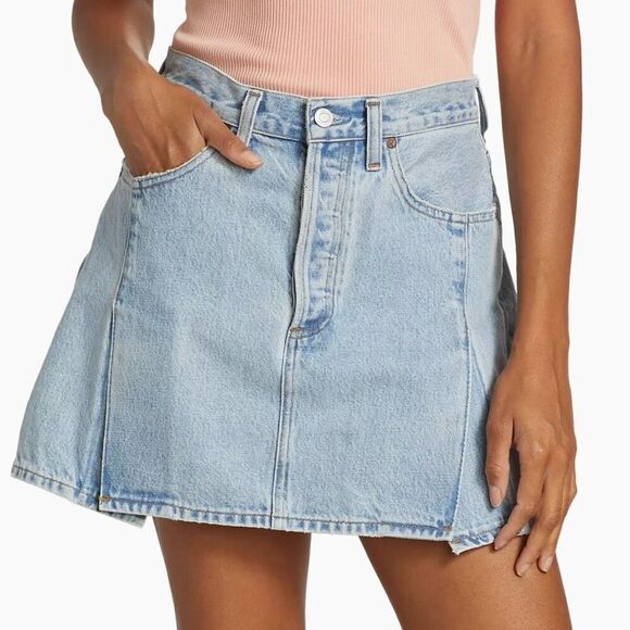 Agolde Slice Denim Pleated Button Fly Mini Skirt Size 26 - Picture 1 of 12